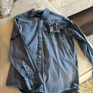 Men's Embroidered Button-Up Shirt - Blue and Black